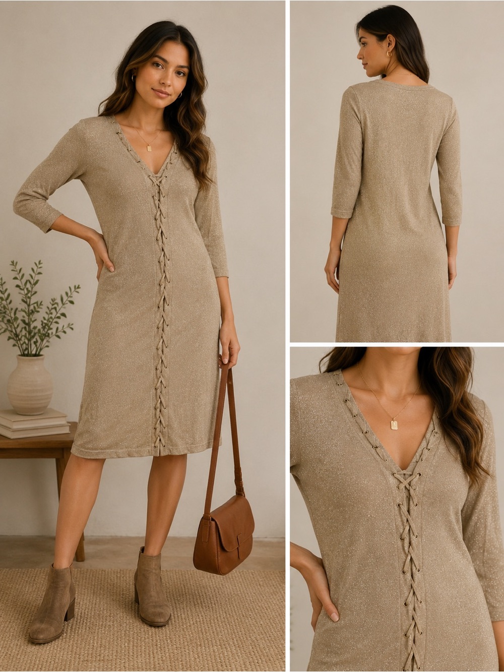 Allison Brittney Tan Lace-Up Long Sleeve Dress